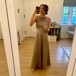 BHLDN Esme High Neck Satin Dress. Dove Grey